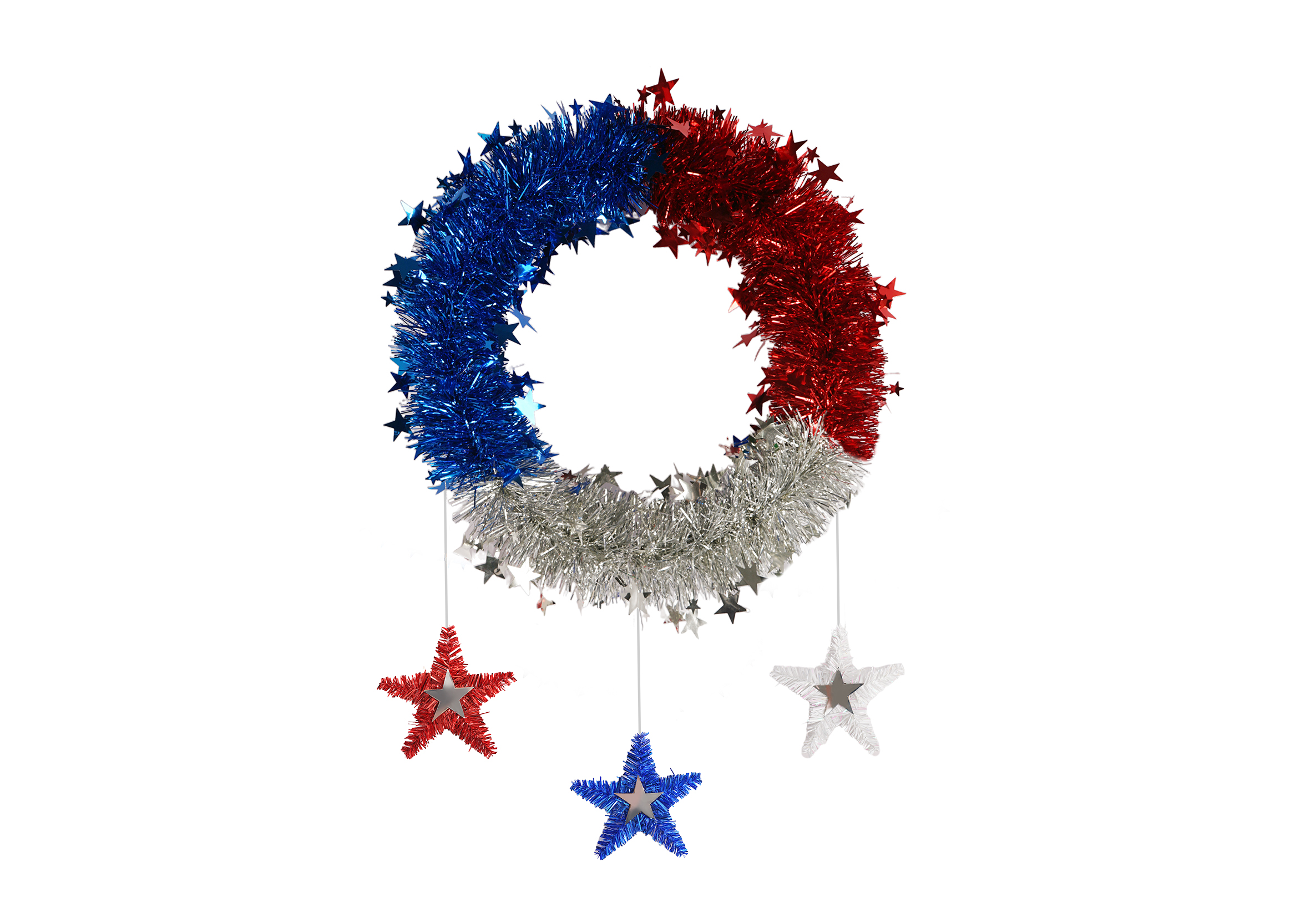 Independence Day Wreath For Front Door-Patriotic Tinsel Wreath-Red White Blue Star Garland
