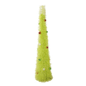 Tinsel Cone Tree | Tabletop Mini Christmas Tree Decor | Green / Silver with Mini Ornaments